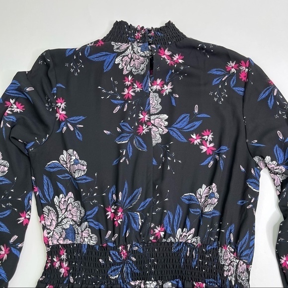 NANETTE LEPORE Black Mystic Blue Floral Smocked Mock Neck Chiffon High-Low Dress - Picture 9 of 16